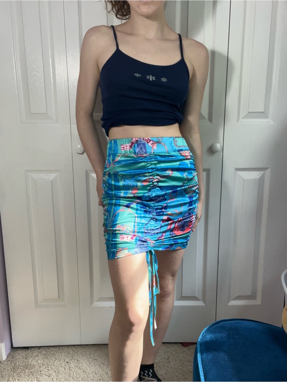 Ruched Akira Drawstring Mini Skirt in Turquoise Print